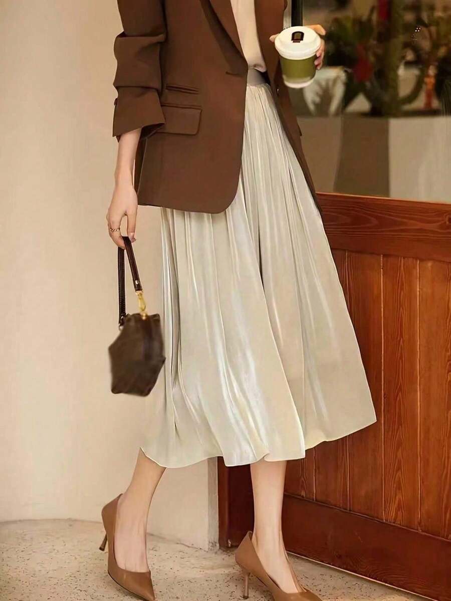 High Waist Iridescent Pleated Elegant Lightweight Slim Fit Mid-Length Skirt Spring - Khaki - View 1