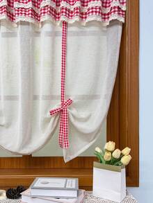 1 pieza Cortina con lazo estilo granja de lino - Elegante cenefa de doble capa con cuadros, ribete de encaje a ganchillo, diseño de persiana romana con lazo, para todas las estaciones, cortina velo transparente con lazo estilo francés para decoración de ventanas en sala de estar, cocina, baño, boda y fiesta - Beis - Ver 6