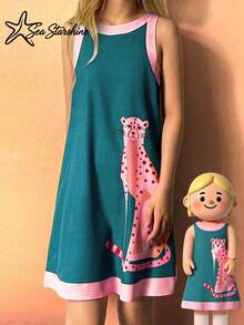 Série Primavera/Verão Estrela do Mar Brilhante: Vestido Casual Confortável de Alça com Estampa Digital de Leopardo Rosa para Mulheres, Adequado para Férias na Praia Elegante - Azul - Visão 5