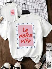 Slim-Fit Short-Sleeved Solid Color Round Neck T-Shirt For Women, Playful Print With The Slogan "La Dolce Vita", 100% Cotton, Casual For Everyday And Leisure, Streetwear, Y2K Style, Beach, Shades, Holiday, Summer, Spring, T-Shirt, Sport, Party, Blouse, Vintage, Carnival, Valentine's Day, May, Women's Tops, Spring Outfit, Jersey, Women's Winter Clothing, Summer, Playful T-Shirt, Holiday, Beach, Casual, Cute Tops, Black Top, White Top, Spring Top, Easter Clothing For Women, All Year Round, Office/Lounge/Home/Minimalist, Preppy Style, Western Style, Outfit, American Retro Style, Sexy, Outerwear, Autumn, Soft And Comfortable, Valentine's Day, Carnival, Summer Top, Artistic, Shades, Music Festival, White Top, Summer T-Shirt. - White - View 8