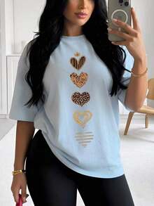 Camiseta de mujerYOCASA Camiseta Blanca con 5 Corazones de Leopardo Estampada, Manga Corta, Corte Holgado, Casual y Versátil para Mujer Blusa de Mujer con Estampado de Corazones de Estilo Leopardo, Manga Corta, Ajuste Holgado, Ropa Casual Diaria Camiseta Holgada de Corazones Leopardo para Mujer, Manga Corta, Estampado Único, Casual y MultiusosCómoda y ligera - YH628-Azul - Ver 12