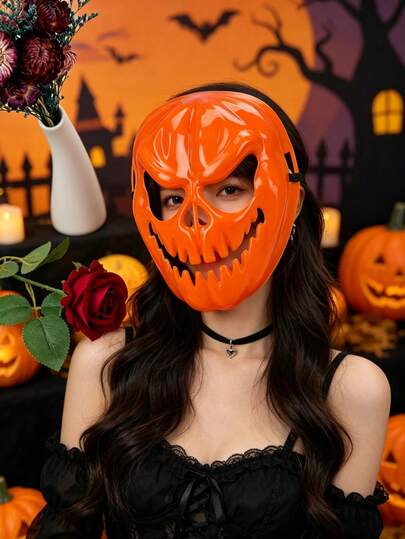 1/2 chiếc mặt nạ đầu lâu bí ngô màu cam cổ điển, phụ kiện hóa trang Halloween, dự tiệc.