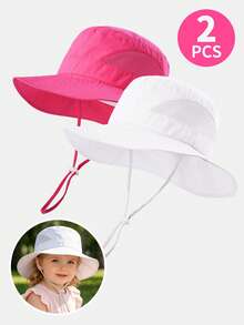 2pcs Kids' Lightweight Quick-Dry Large Brim Mesh Bucket Hat With Drawstring, Suitable For Boys And Girls Outdoor Activities In Summer - 2PS - View 2