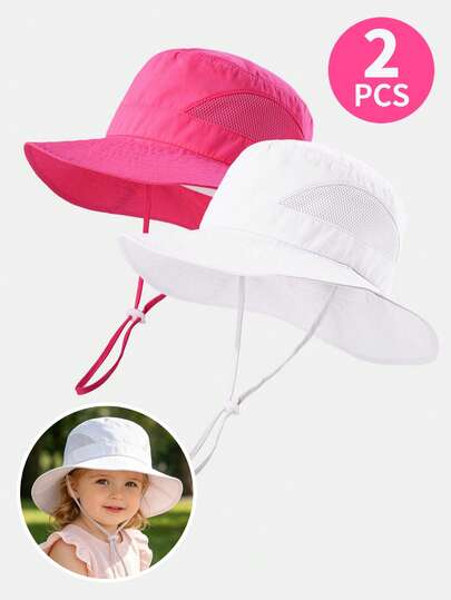 2PCS Kids Sun Protection Hat Quick Dry Lightweight Wide Brim Mesh Bucket Hat With Windproof Cord For Toddler Boys Girls Summer Activities