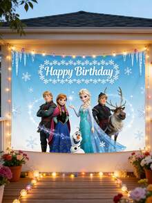 Disney 迪士尼冰雪奇缘生日快乐背景幕布，艾莎和安娜冰雪城堡横幅，适用于派对摄影和装饰，这款冰雪奇缘主题生日背景幕布将您的庆祝活动变成迷人的阿伦黛尔仙境，是您特别日子里的完美中心装饰。背景幕布上印有艾莎、安娜、雪宝、克里斯托夫和驯鹿斯文，背景是令人叹为观止的冰蓝色天空。 - 背景 - 查看 9