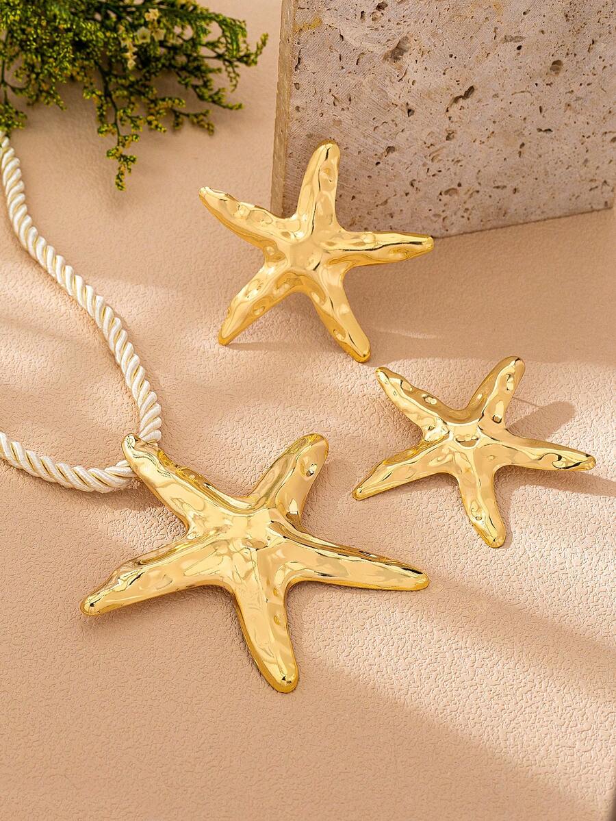 1 Set Summer Vacation Ocean Style Starfish Necklace, Earrings & Jewelry Set For Women - Big Starfish Set - View 1