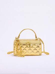 Bolso de Mano Pequeño de Piel Sintética, Color Dorado Metálico Acolchado, Tipo Mini Vanity Bag, Bolso Bandolera con Asa Superior y Cadena Dorada Ajustable, Bolso de Hombro Cuadrado para Fies - Dorado - Ver 5