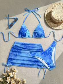 Conjunto de traje de baño de vacaciones para mujer, conjunto de vacaciones de verano para mujer, conjunto de playa para mujer - Azul - Ver 8