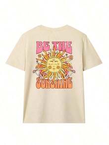 Camiseta de manga corta estilo hippie americano, holgada y cómoda, con estampado de grafiti de letras "Sunshine" vintage para mujer, adecuada para la temporada de flores de cerezo en primavera, festivales de música al aire libre, paseos por la ciudad, visitas al parque y vacaciones ligeras de verano. Estilo casual de verano, 100% algodón, a la moda. - Albaricoque - Ver 4