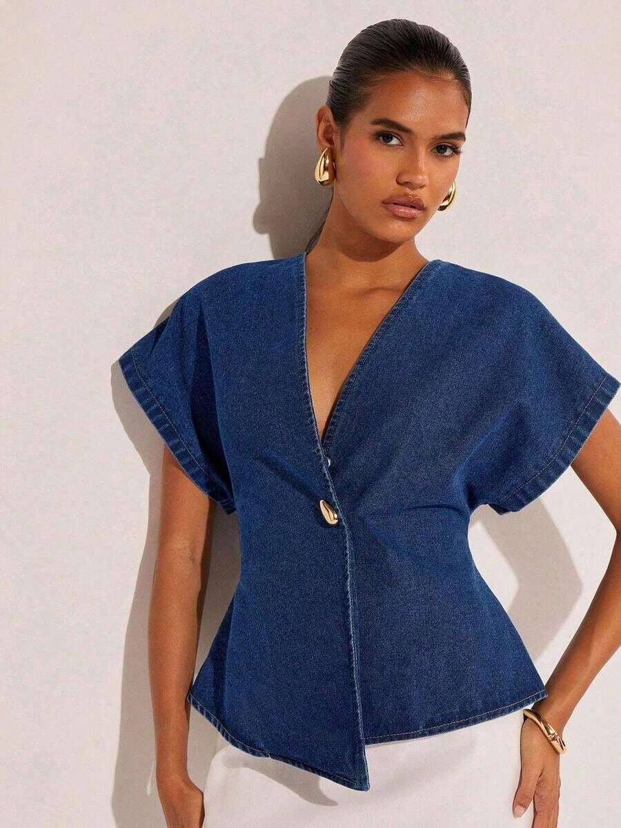 Denim Blusa de mezclilla de manga de murciélago con un solo botón de moda para mujer, de verano - Azul lavado oscuro - Ver 1