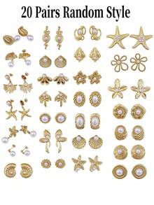 Pendientes de flor grande de perla elegante, pendientes de perla falsa para mujer, conjunto de pendientes de flor geométrica de perla falsa de oro de estilo bohemio grande y elegante, adecuado para fiesta, vacaciones, boda, uso diario, festival de música, vacaciones en la playa. Ideal para el Día de San Valentín, cumpleaños, Día de la Madre - Dorado - Ver 10