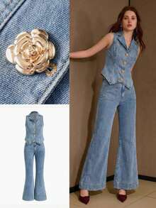PREMIUM Conjunto de 2 piezas de chaleco vaquero con hebilla metálica y jeans para mujer, primavera/verano - Azul lavado medio - Ver 7