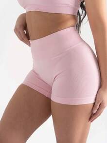 Plus Size Women High Elasticity Slimming Shorts, Spring/Summer Sports - Baby Pink - View 5