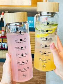 1 Stück Ins-Stil abgestufter Glasbecher, tragbarer Becher aus hochwertigem Borosilikatglas mit Holzmaserungs-Deckel, transparenter minimalistischer Wasserbecher für Frauen, Büroangestellte, Büronutzung - Verschiedenfarbig - Übersicht 2