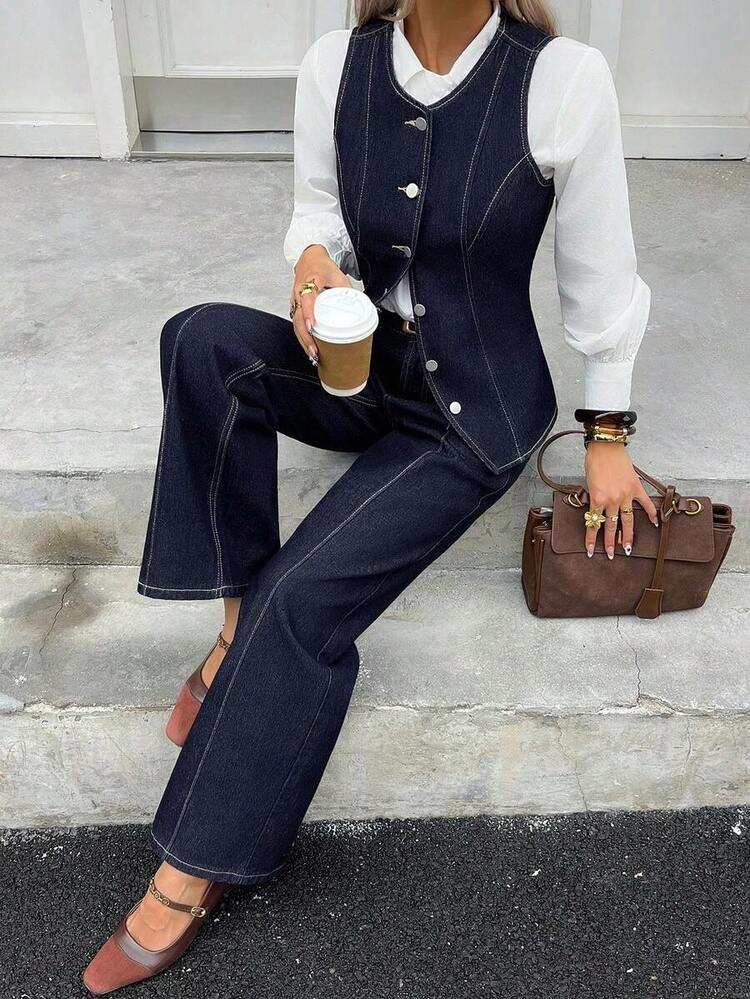 Conjunto de chaleco y pantalones de mezclilla casual para mujer, otoño/invierno - Azul lavado oscuro - Añade 4
