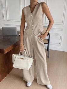Conjunto de chaleco y pantalones casuales y de uso diario para mujer en otoño/invierno - Caqui - Ver 5