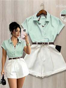 Conjunto de 2 piezas para mujer con bloqueo de color, cuello a rayas, cintura plisada y mangas cortas - Verde - Ver 1