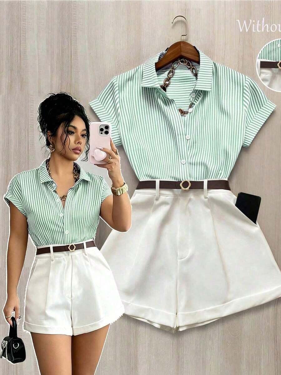 Conjunto de 2 piezas para mujer con bloqueo de color, cuello a rayas, cintura plisada y mangas cortas - Verde - Ver 1