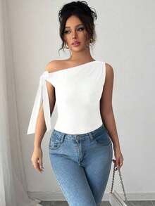 Camiseta ajustada elegante con cuello asimétrico y nudo de mujer de unicolor - Blanco - Ver 7
