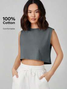 Top corto sin mangas casual para mujer, unicolor simple, adecuado para el uso diario en verano - Gris Oscuro - Ver 6