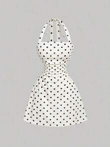 MOD Vestido mini de mujer con escote halter y estampado de lunares - Negro - Ver 6