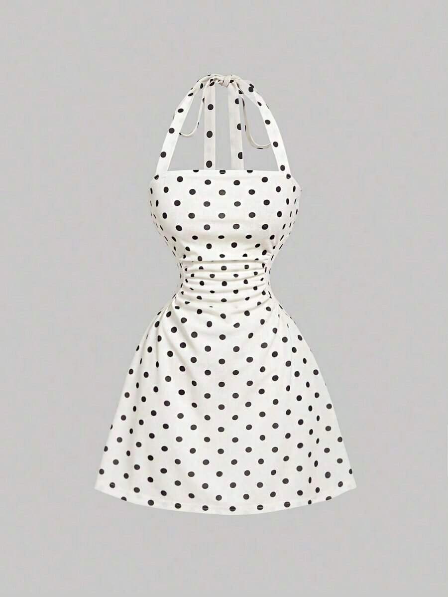 Vestido corto de mujer con escote de pico y estampado de lunares - Multicolor - Ver 1