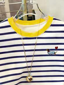 Camiseta de mujer con paneles de imitación de denim a rayas / Estampado de Dachshund / Uso diario casual / Verano - Multicolor - Ver 3