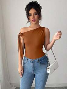 Camiseta de tirantes finos de unicolor elegante para mujer, para el verano - Marrón - Ver 6