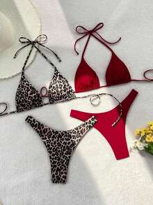 Conjunto de traje de baño de 4 piezas con cuentas marrón y a rayas, para primavera/verano 2026, conjunto de bikini de alta gama para resort de playa - Multicolor 6 - Ver 4