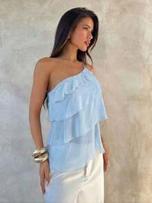 blusa elegante y romántica de primavera/verano para citas, Día de San Valentín, temporada de bodas, de gasa rosa con un hombro, espalda descubierta y volantes en capas, blusa sexy con volantes para la playa, camisa rosa elegante y romántica p - Celeste - Ver 3