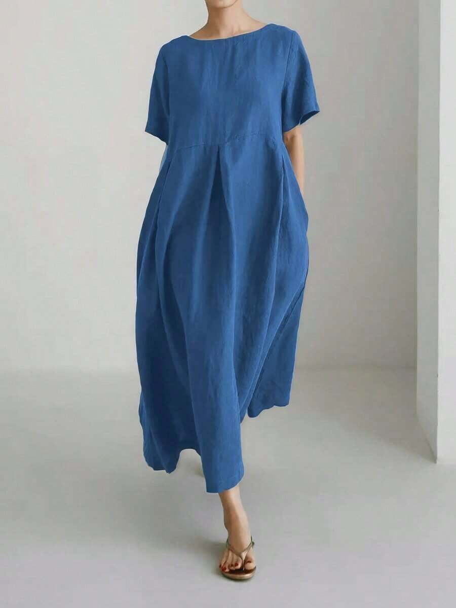 Vestido de lino suelto, casual, elegante y cómodo para mujer.Vestido largo suelto de manga corta, con bolsillo, cuello redondo y unicolor.Ajuste relajado para el verano - Azul lavado medio - Ver 1