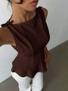 sin mangas elegante para ir a la oficina, diseño minimalista, casual de negocios para mujer, ropa de oficina, salir, para maestras, blusa casual para mujer, blusa social para mujer - Café integral - Ver 4