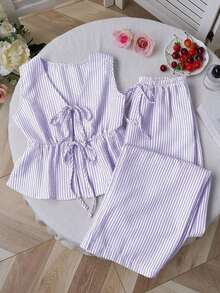 Nuevo conjunto de dos piezas de pantalón recto minimalista con cordones y rayas rosas, al estilo europeo y estadounidense para el verano, para mujeres - Morado - Ver 1