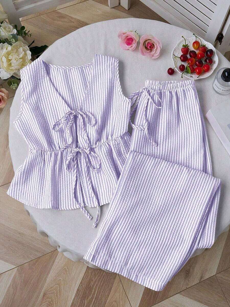 Nuevo conjunto de dos piezas de pantalón recto minimalista con cordones y rayas rosas, al estilo europeo y estadounidense para el verano, para mujeres - Morado - Ver 1