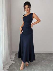 Nuevo vestido casual y elegante para mujer con cuello asimétrico, decoración metálica y cintura fruncida para vacaciones - azul real - Ver 5