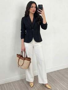 Blazer casual de mujer con botones y mangas 3/4 para uso en casa y al aire libre - Negro - Ver 5