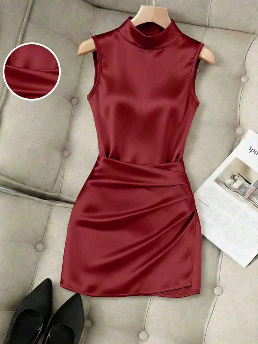 Nuevo vestido de mujer de moda con cuello alto brillante, sin mangas, cintura fruncida y asimétrico de ajuste ceñido - Burdeos - Ver 1
