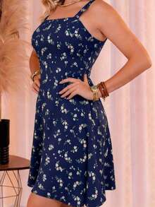 Women's Floral Dress With Wide Straps, Summer, Casual, Elegant, Comfortable - Azul Marinho 1 - 查看 2