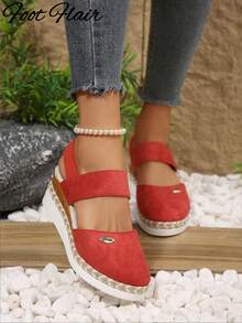 Foot Flair Sandal Wanita Ukuran Plus, Ujung Tertutup, Tanpa Bagian Belakang, Sol Tali Merah, Gaya Liburan Pantai, Mode Musim Semi/Panas, Sandal Wedges Serbaguna, Nyaman, Sol Tebal - Merah - View 4