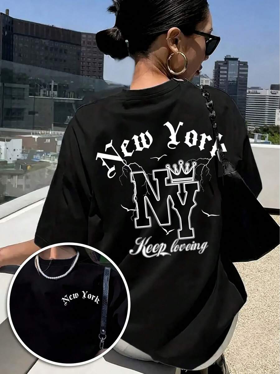 Women's Oversized New York Letter Print T-Shirt - Breathable Stretch Fabric, Black With White NY Print And I NY Emblem Design, Summer Casual Wear, Machine Washable, Urban Style For New York Pride And Everyday Wear, Crew Neck, Relaxed Fit With Crown And Letter Print, Spring/Summer Casual Wear, Perfect For Outdoor Activities And Layering, Spring Wardrobe, Comfortable Material, Lightweight T-Shirt, Printed Top, Y2k T-Shirt For Fashion Lovers. - 黑色 - 查看 1