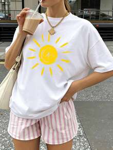 Women Pure Cotton T Shirt Fun Sun Print Cute Summer Outfit Y2k Fashion  Casual Top For Beach Vacation Party Wear High Quality Summer Clothing - 白色 - 查看 1