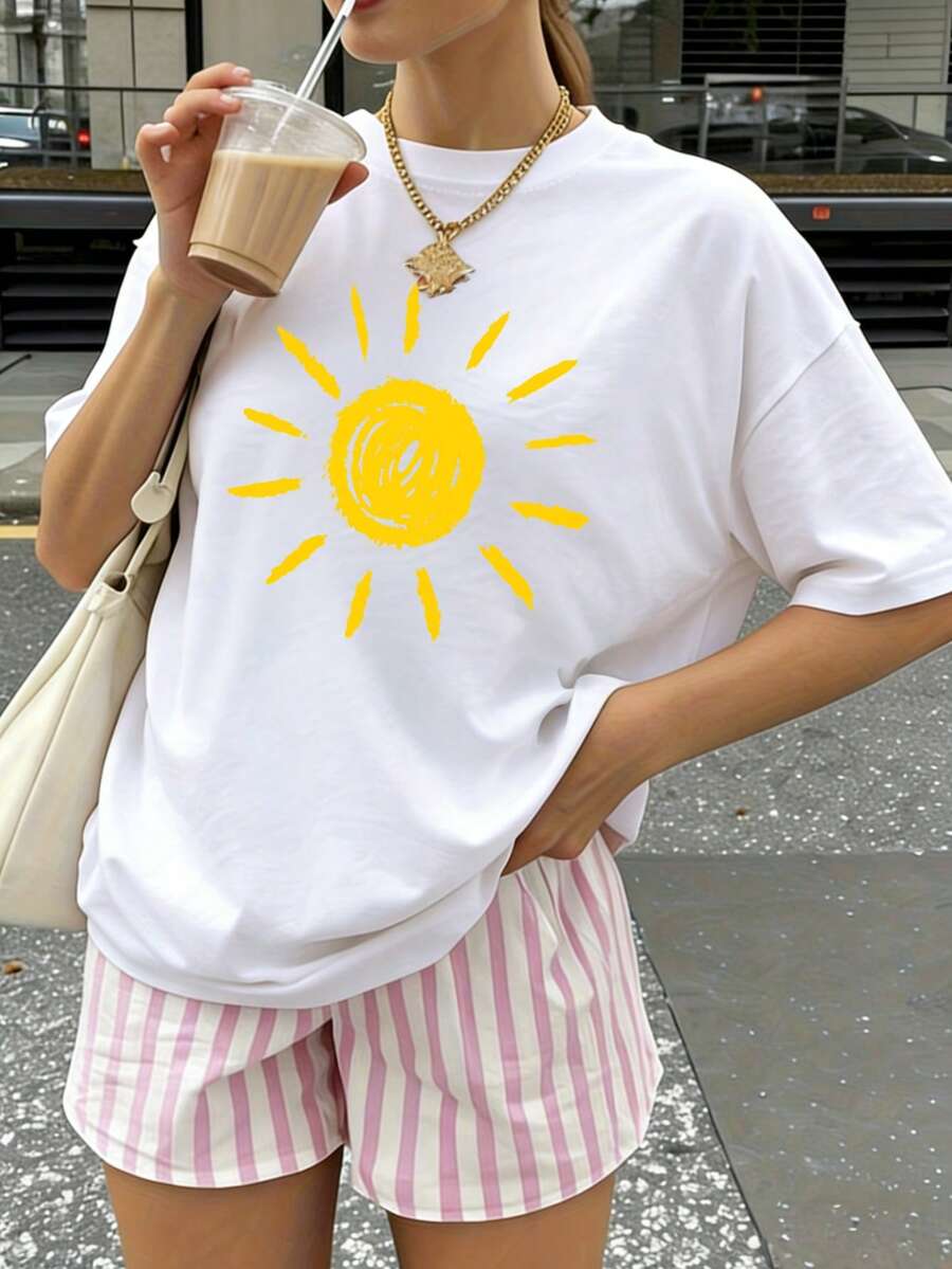 Women Pure Cotton T Shirt Fun Sun Print Cute Summer Outfit Y2k Fashion Casual Top For Beach Vacation Party Wear High Quality Summer Clothing - 白色 - 查看 1