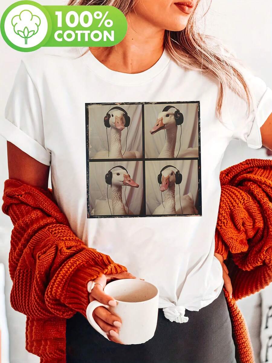 Camiseta con estampado Goose Listening, manga corta, cuello redondo, top casual para verano y primavera, ropa de mujer Y2k Camiseta Camisa De - Blanco - Ver 1