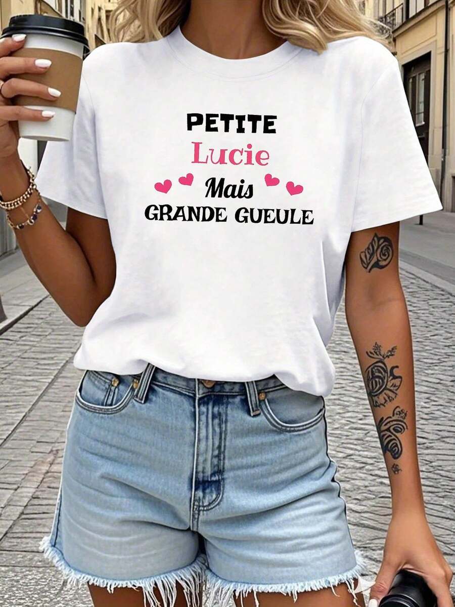 Women's T-Shirt With French Print Petite Lucie Mais Grande Gueule, BFF Reunion And Self-Expression Top, Humorous And Playful Short-Sleeved Style, Everyday Street Vibe Tee - 白色 - 查看 1
