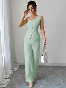 Conjunto de chaleco sin mangas y pantalones rectos para mujer, con tirantes, cierre de botones, para primavera/verano - verde menta - Ver 7