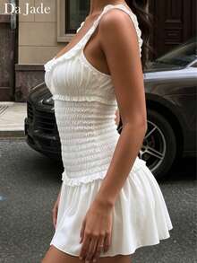 Da Jade Eleganti abiti estivi casual da donna, morbidi e leggeri, con arricciature e volant, stile babydoll mini, stratificati e fluidi, adatti per vacanze, spiaggia, appuntamenti e serate - Bianco - Visualizzare 6