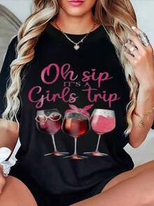 ClassicOh Sip It's A Girls Trip Comfortable And Versatile White T-Shirt With Elegant Handwritten Text And Whimsical Wine Glass Design, Soft Cotton Casual Crew Neck T-Shirt For Girls Trips, Bachelorette Parties, Girls Night Out, Summer T-Shirt - 黑色 - 查看 7