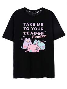 Camiseta para  con estampado divertido de gato, diseño tipo meme, holgada y cómoda, manga corta, ideal para uso diario, estilo casual y moderno, perfecta como regalo original, 100 % algodón, talla única - Negro - Ver 1