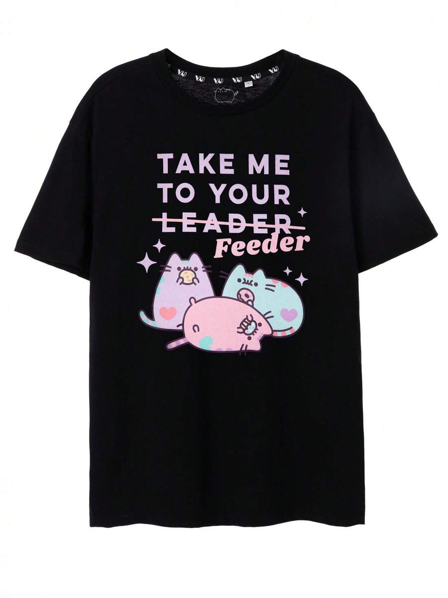 Camiseta para con estampado divertido de gato, diseño tipo meme, holgada y cómoda, manga corta, ideal para uso diario, estilo casual y moderno, perfecta como regalo original, 100 % algodón, talla única - Negro - Ver 1