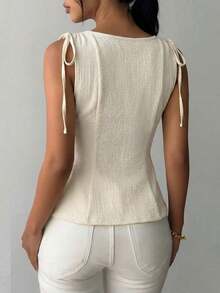 1 pieza Blusa de punto con volantes en el bajo, Uso casual de verano en color rosa - Albaricoque - Ver 3